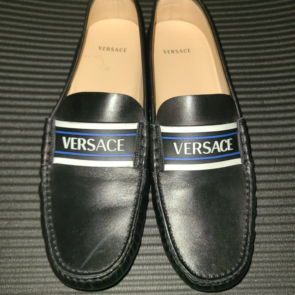 Versace Black and Blue Leather Slip-On Loafers - Picture 1 of 6